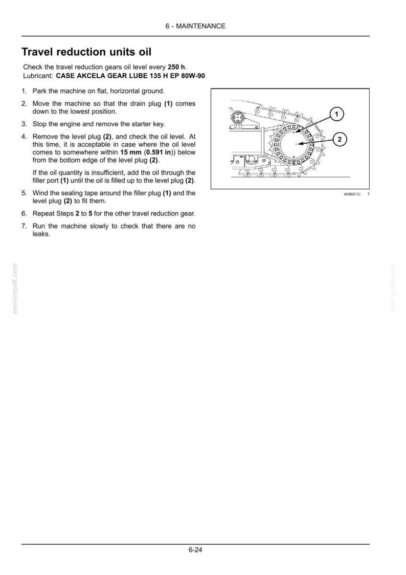 May include: Diagram from a maintenance manual showing the travel reduction units oil check procedure. The diagram includes a detailed illustration of the machine's internal components, with numbered labels for key parts.