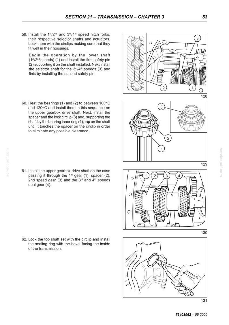 May include: Diagram of transmission components with labels and instructions. Includes illustrations of gears, shafts, and pins. Text includes instructions for installation and assembly, with measurements in inches and degrees Celsius.