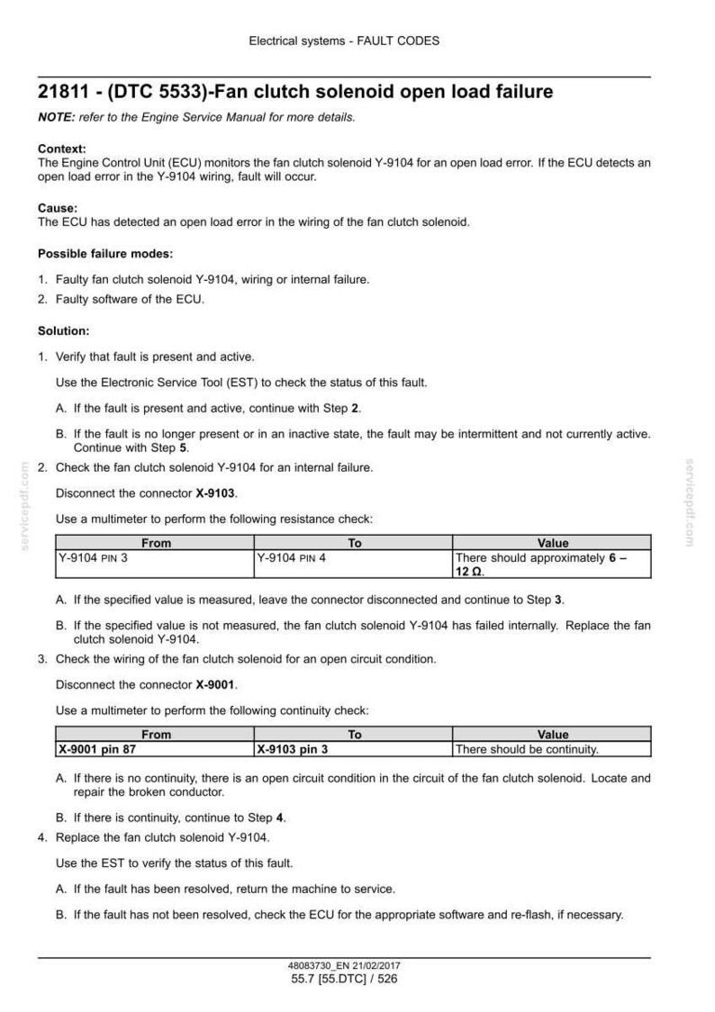 May include: A technical document detailing fault codes for electrical systems, specifically addressing fan clutch solenoid open load failure. Includes troubleshooting steps, resistance checks, and continuity tests. The text includes measurements in Ohms.