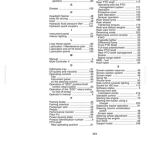 May include: A black and white index page from a technical manual, labeled page 264, featuring an alphabetical list of tractor components and systems with corresponding page numbers, ranging from Front wheels to Support loads in two columns.