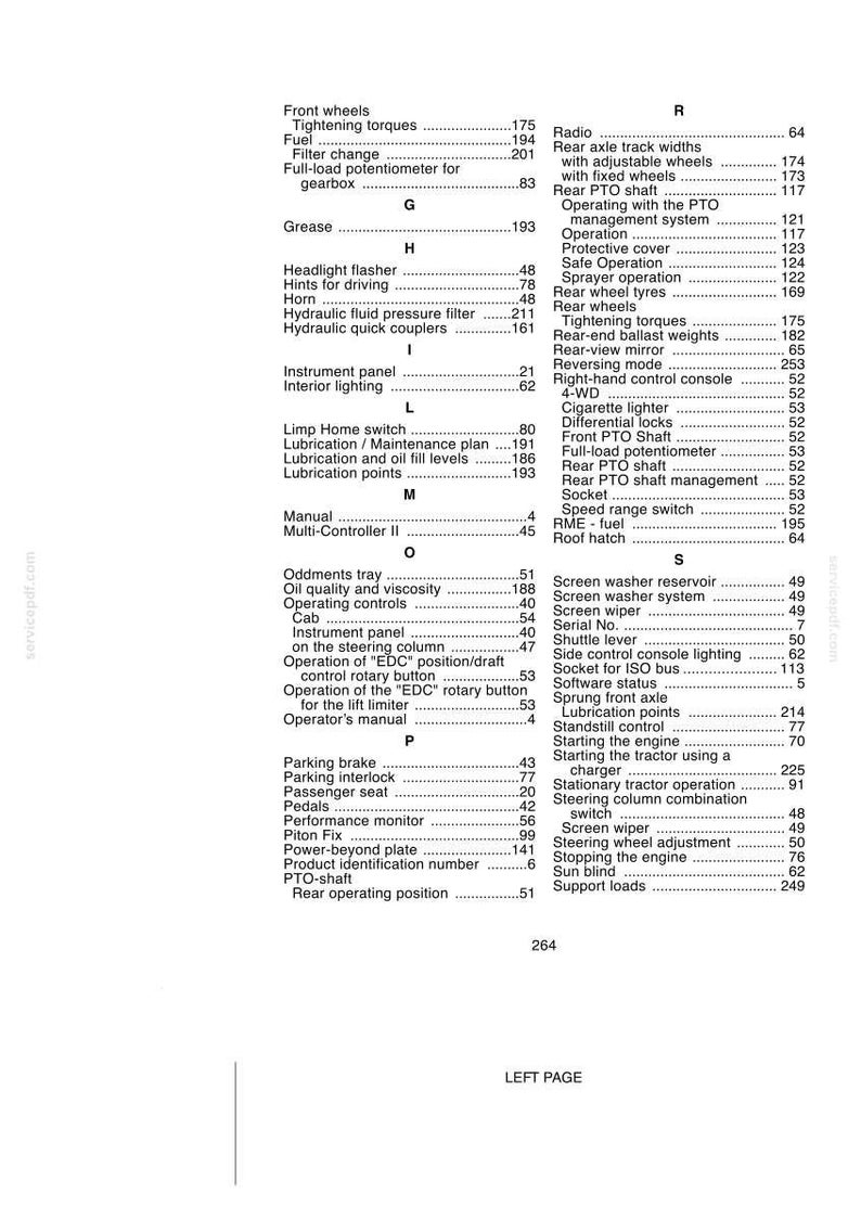 May include: A black and white index page from a technical manual, labeled page 264, featuring an alphabetical list of tractor components and systems with corresponding page numbers, ranging from Front wheels to Support loads in two columns.