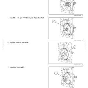 May include: Diagram of a Power Take-Off (PTO) system, illustrating the assembly steps. Includes images of components like spacers, gears, and bearings. Text labels and callouts indicate the order of installation.