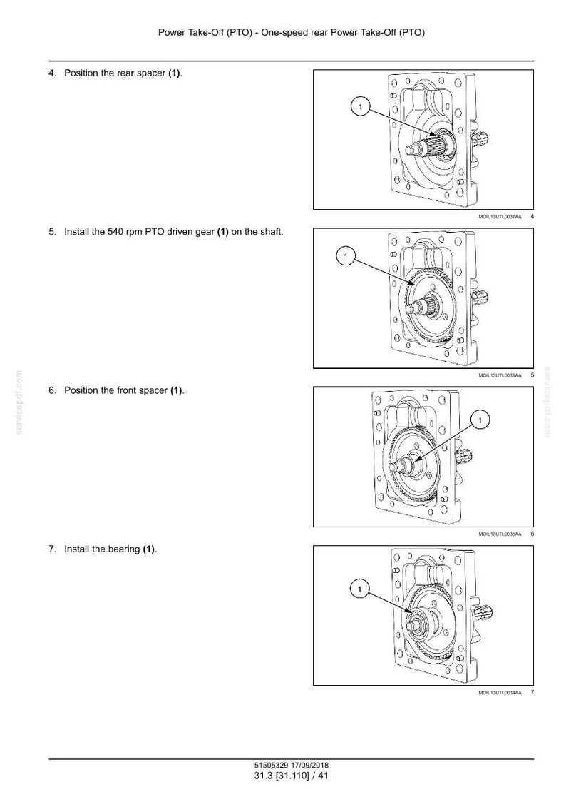 May include: Diagram of a Power Take-Off (PTO) system, illustrating the assembly steps. Includes images of components like spacers, gears, and bearings. Text labels and callouts indicate the order of installation.