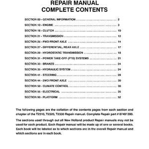 May include: A white page with black text titled T2310, T2320, T2330 REPAIR MANUAL COMPLETE CONTENTS. It lists sections from 00 to 90, including engine, clutch, transmission, axles, brakes, hydraulic system, steering, climate control, electrical, and platform.