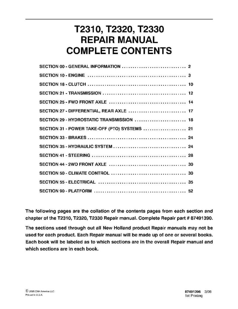 May include: A white page with black text titled T2310, T2320, T2330 REPAIR MANUAL COMPLETE CONTENTS. It lists sections from 00 to 90, including engine, clutch, transmission, axles, brakes, hydraulic system, steering, climate control, electrical, and platform.