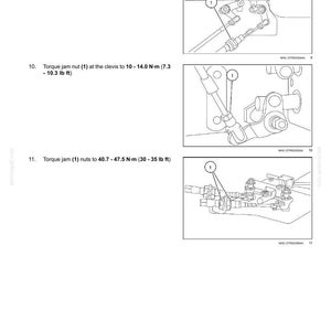 May include: Diagram of a power shuttle transmission with external controls. Instructions include adjusting the neutral position to 1.7 inches, and torquing jam nuts to specified Newton-meters and pound-feet values. Includes diagrams of the components.