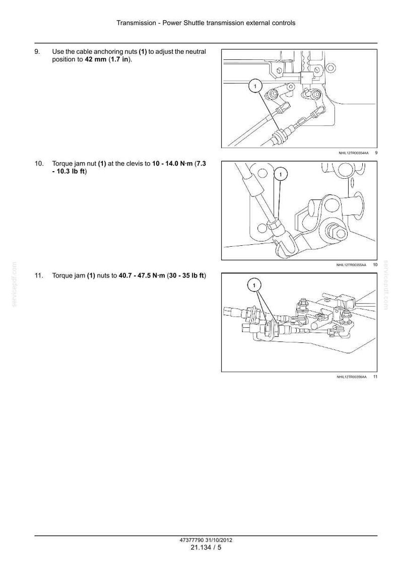 May include: Diagram of a power shuttle transmission with external controls. Instructions include adjusting the neutral position to 1.7 inches, and torquing jam nuts to specified Newton-meters and pound-feet values. Includes diagrams of the components.