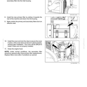 Pode incluir: Uma p&aacute;gina de manual t&eacute;cnico intitulada 7-MAINTENANCE contendo tr&ecirc;s desenhos de linha em preto e branco que ilustram a instala&ccedil;&atilde;o de filtros prim&aacute;rios e secund&aacute;rios na carca&ccedil;a de uma m&aacute;quina, com instru&ccedil;&otilde;es numeradas e setas indicativas.