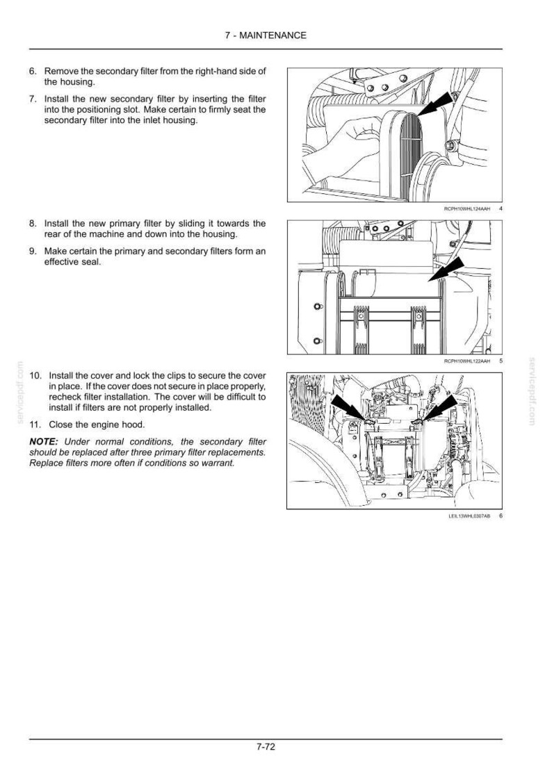 Pode incluir: Uma p&aacute;gina de manual t&eacute;cnico intitulada 7-MAINTENANCE contendo tr&ecirc;s desenhos de linha em preto e branco que ilustram a instala&ccedil;&atilde;o de filtros prim&aacute;rios e secund&aacute;rios na carca&ccedil;a de uma m&aacute;quina, com instru&ccedil;&otilde;es numeradas e setas indicativas.