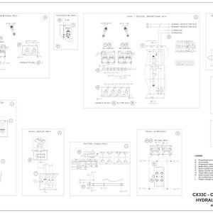 May include: A detailed black and white hydraulic schematic for a CX33C - CX37C excavator. The diagram includes various components and their connections, with labels and annotations. The document is labeled "HYDRAULIC SCHEMATIC" and includes a legend.