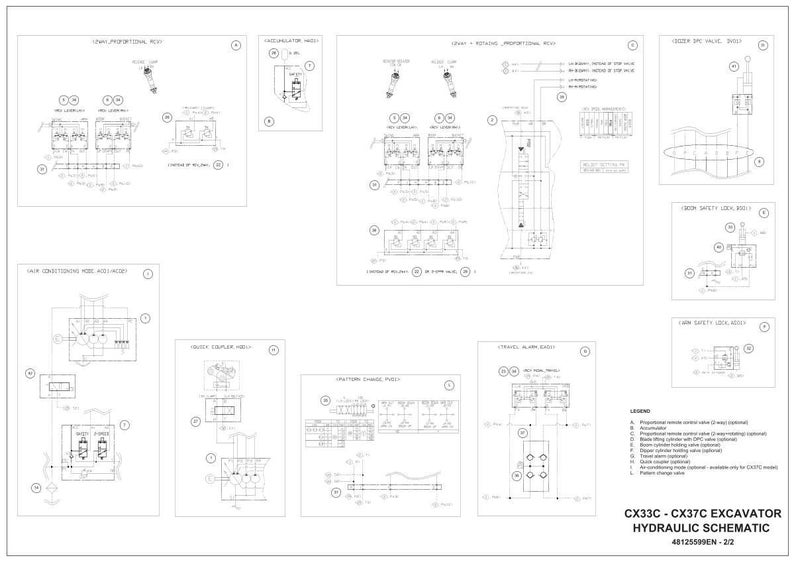 May include: A detailed black and white hydraulic schematic for a CX33C - CX37C excavator. The diagram includes various components and their connections, with labels and annotations. The document is labeled "HYDRAULIC SCHEMATIC" and includes a legend.