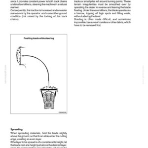 Puede incluir: Diagrama de un manual que muestra el proceso de empuje de cargas durante la direcci&oacute;n. La ilustraci&oacute;n representa una excavadora empujando material, con una flecha que indica la direcci&oacute;n del movimiento. El texto explica los procesos de direcci&oacute;n y nivelaci&oacute;n.