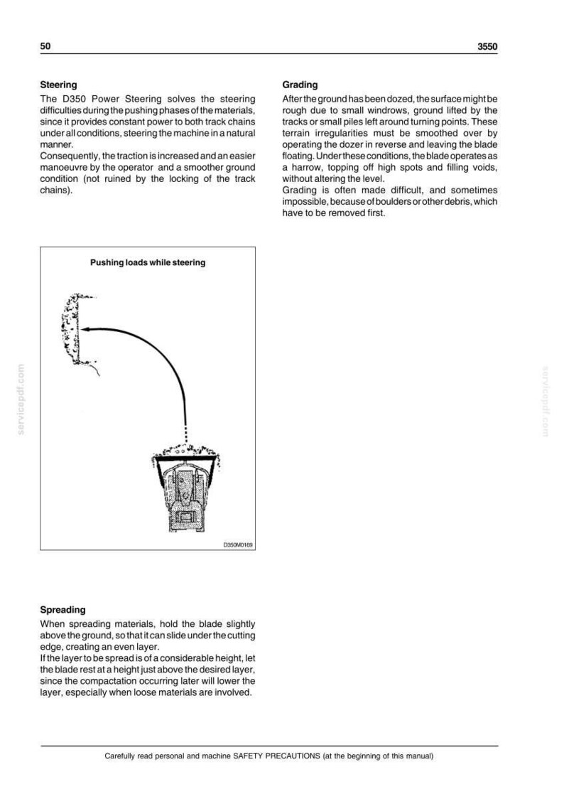 Puede incluir: Diagrama de un manual que muestra el proceso de empuje de cargas durante la direcci&oacute;n. La ilustraci&oacute;n representa una excavadora empujando material, con una flecha que indica la direcci&oacute;n del movimiento. El texto explica los procesos de direcci&oacute;n y nivelaci&oacute;n.