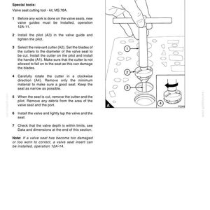 May include: Diagram illustrating the process of correcting a valve seat in a cylinder head assembly using a valve seat cutter. The image features numbered steps and labeled components. Text provides detailed instructions and tool specifications.
