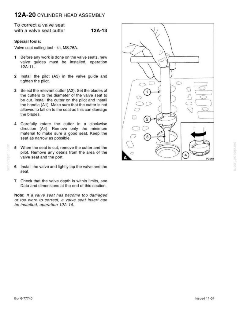 May include: Diagram illustrating the process of correcting a valve seat in a cylinder head assembly using a valve seat cutter. The image features numbered steps and labeled components. Text provides detailed instructions and tool specifications.