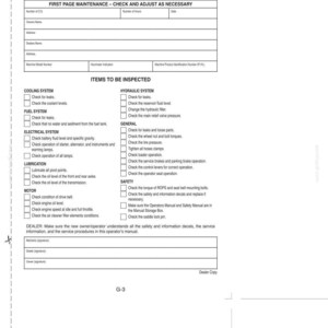 May include: A white, printed form titled "BEFORE DELIVERY CHECK" with sections for maintenance and inspection. The form includes checklists for cooling, fuel, electrical, lubrication, motor, hydraulic systems, general safety, and more. It also has fields for owner and dealer information.