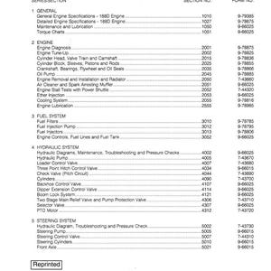 May include: A page from a 480C Loader Backhoe Service Manual, featuring a table of contents. The manual is from Case Corporation, with sections on engine, fuel, and hydraulic systems. The document is printed in the USA.