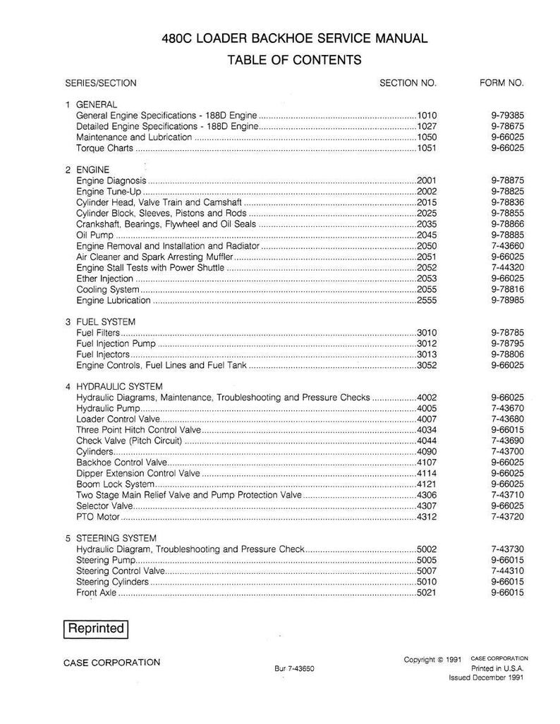 May include: A page from a 480C Loader Backhoe Service Manual, featuring a table of contents. The manual is from Case Corporation, with sections on engine, fuel, and hydraulic systems. The document is printed in the USA.