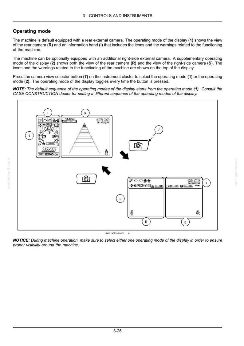 May include: Diagram of a machine's control panel with two display modes. The displays show camera views, icons, and warnings. The text includes "CASE" and "12345.0". The image also shows a camera view selector button.