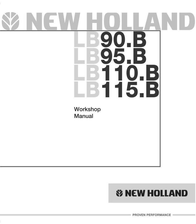 May include: A white background features the text "NEW HOLLAND" in gray at the top. Below, the text "LB90.B, LB95.B, LB110.B, LB115.B" is stacked vertically. The words "Workshop Manual" are also present. The New Holland logo and "PROVEN PERFORMANCE" are at the bottom.