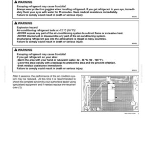 May include: A technical maintenance document page titled 7-MAINTENANCE, detailing air conditioning system checks every 36 months. It includes three warning boxes regarding refrigerant hazards, frostbite, and explosion risks, plus a diagram labeled 1.