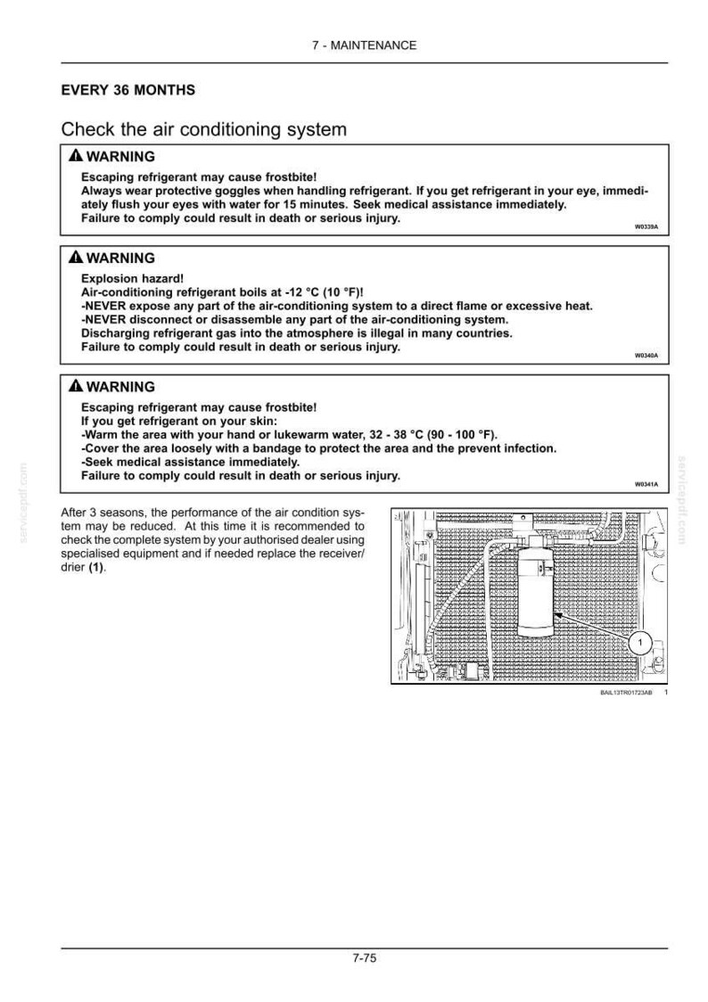 May include: A technical maintenance document page titled 7-MAINTENANCE, detailing air conditioning system checks every 36 months. It includes three warning boxes regarding refrigerant hazards, frostbite, and explosion risks, plus a diagram labeled 1.