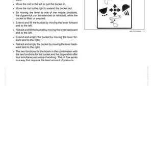 May include: A technical manual page titled 5 - WORKING OPERATIONS, Dipper and bucket operation. It includes text instructions and a black and white diagram showing a control lever movement pattern for operating an excavator dipper and bucket.