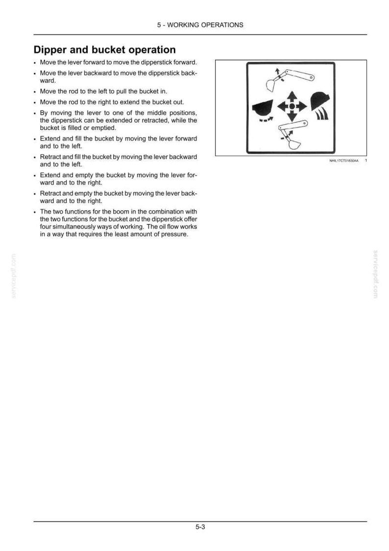 May include: A technical manual page titled 5 - WORKING OPERATIONS, Dipper and bucket operation. It includes text instructions and a black and white diagram showing a control lever movement pattern for operating an excavator dipper and bucket.