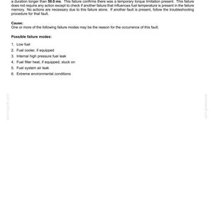 May include: A document titled "Electrical systems - FAULT CODES" with the text "3445-Torque limitation due to excessive fuel temperature." The document lists possible failure modes including low fuel and fuel cooler.