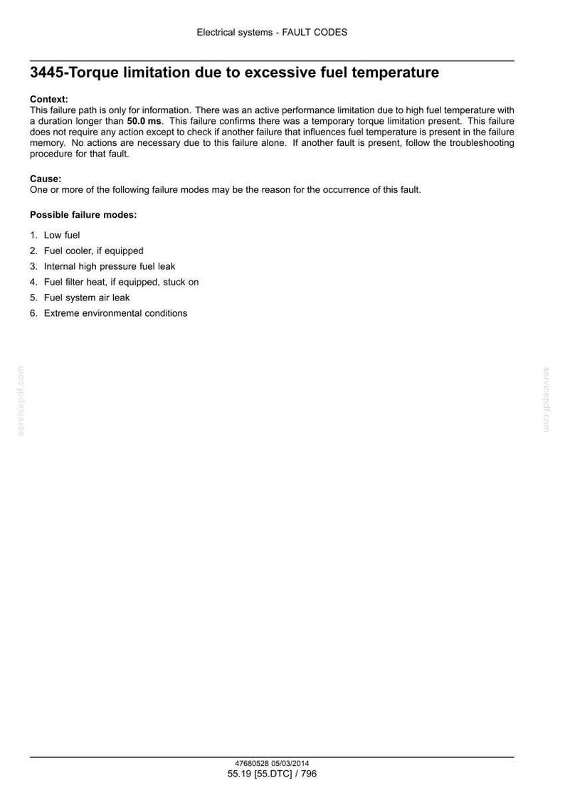 May include: A document titled "Electrical systems - FAULT CODES" with the text "3445-Torque limitation due to excessive fuel temperature." The document lists possible failure modes including low fuel and fuel cooler.