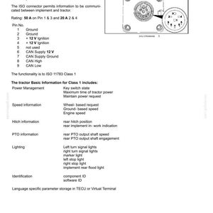 May include: A technical document page titled 6-WORKING OPERATIONS detailing the ISO connector. It includes a diagram of a multi-pin connector with numbered pins 1 through 9, listing their functions such as Ground, 12V Ignition, and CAN signals.