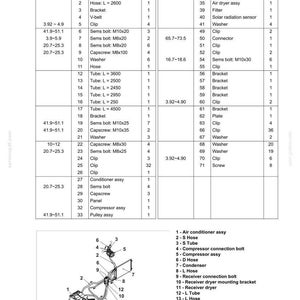 May include: Detailed diagram of an air conditioning system, including part numbers, quantities, and tightening torque specifications in Newton meters and foot-pounds. Features components like hoses, brackets, and a condenser.