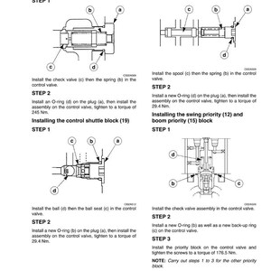 May include: Diagrams illustrating the installation of various components, including a negative pressure control relief, straight-line travel pilot, control shuttle block, and swing priority block. Each diagram includes labeled parts and step-by-step instructions for assembly.