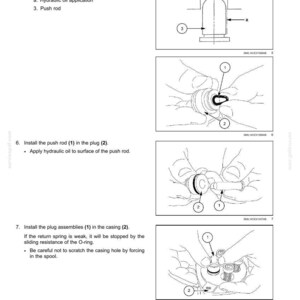 May include: Diagrams illustrating the installation of hydraulic system components, including seals, push rods, and plug assemblies. The images show detailed steps with numbered parts and labels for clarity. Text instructions accompany the diagrams.