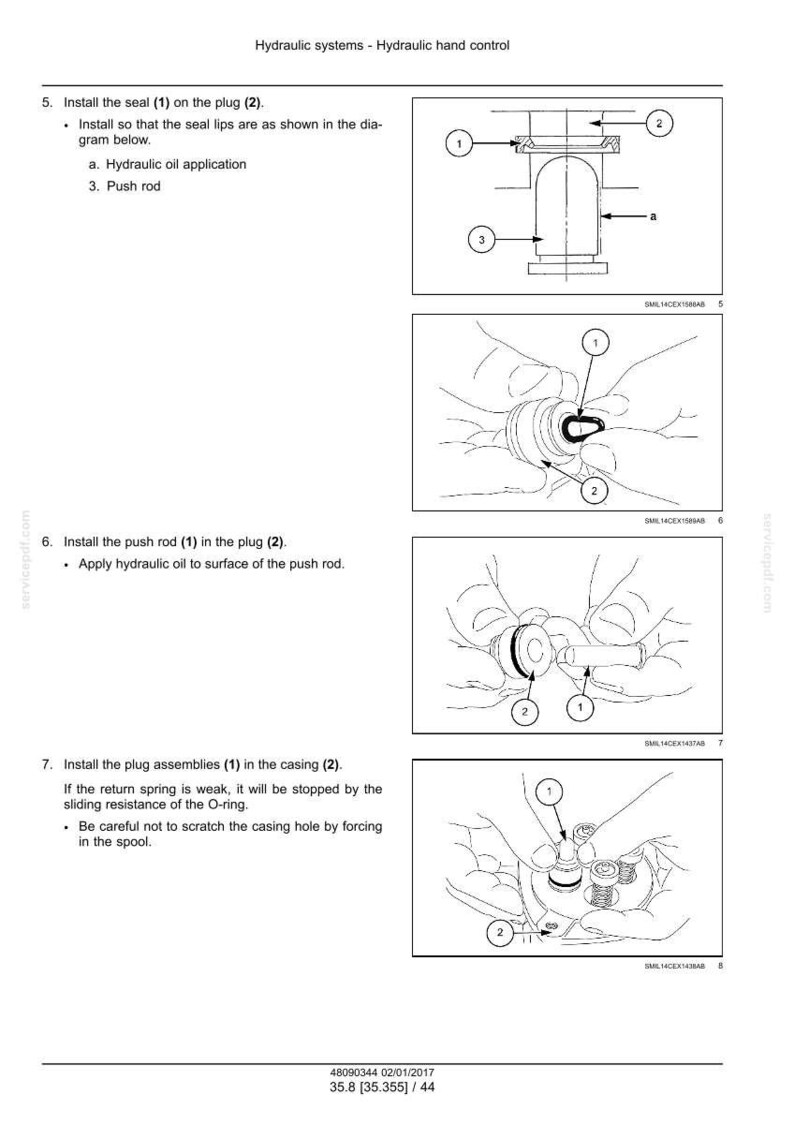 May include: Diagrams illustrating the installation of hydraulic system components, including seals, push rods, and plug assemblies. The images show detailed steps with numbered parts and labels for clarity. Text instructions accompany the diagrams.