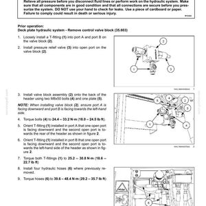 May include: Diagram of a deck plate hydraulic system installation, with numbered components and torque specifications in lb-ft and N&middot;m. Includes a warning about escaping fluid and instructions for installing a control valve block.