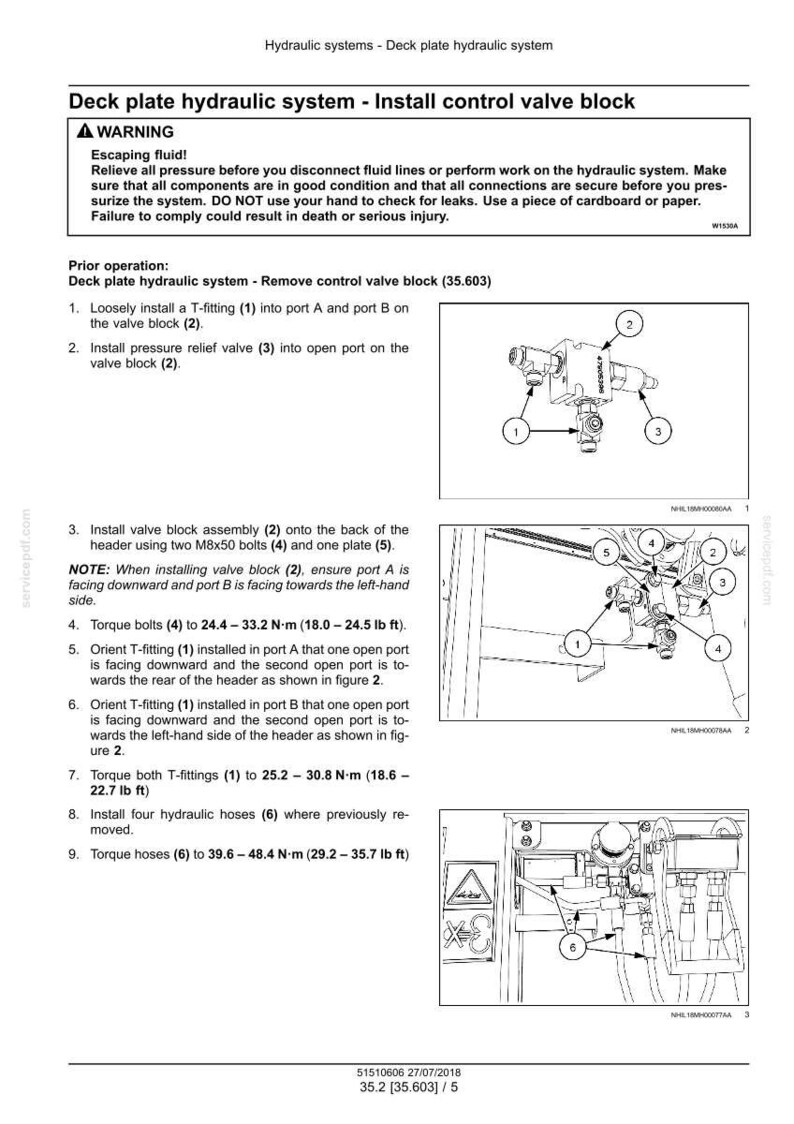 May include: Diagram of a deck plate hydraulic system installation, with numbered components and torque specifications in lb-ft and N&middot;m. Includes a warning about escaping fluid and instructions for installing a control valve block.