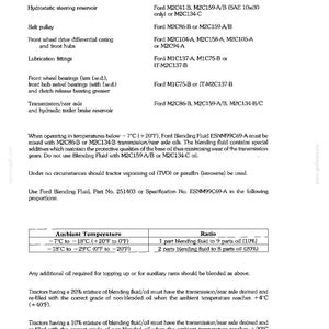 Pu&ograve; includere: Una pagina di documento tecnico intitolata SPECIFICATIONS che elenca i requisiti dei lubrificanti per i componenti dei trattori Ford, inclusa una tabella che dettaglia i rapporti di miscelazione per temperature da -29&deg;C a -7&deg;C.