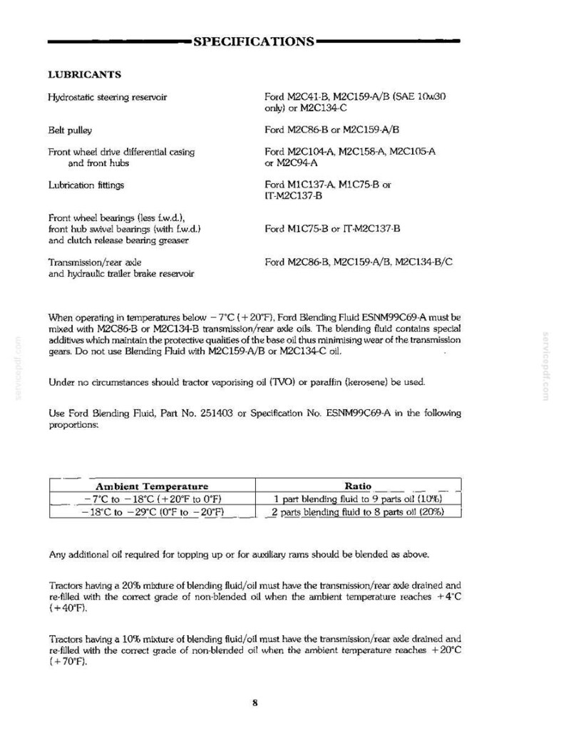 Pu&ograve; includere: Una pagina di documento tecnico intitolata SPECIFICATIONS che elenca i requisiti dei lubrificanti per i componenti dei trattori Ford, inclusa una tabella che dettaglia i rapporti di miscelazione per temperature da -29&deg;C a -7&deg;C.