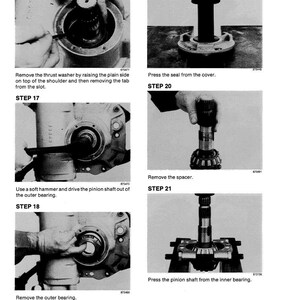 May include: A page from a manual with six images illustrating mechanical steps. The images show components like a thrust washer, seal, pinion shaft, and bearings. Text accompanies each image, detailing the process.
