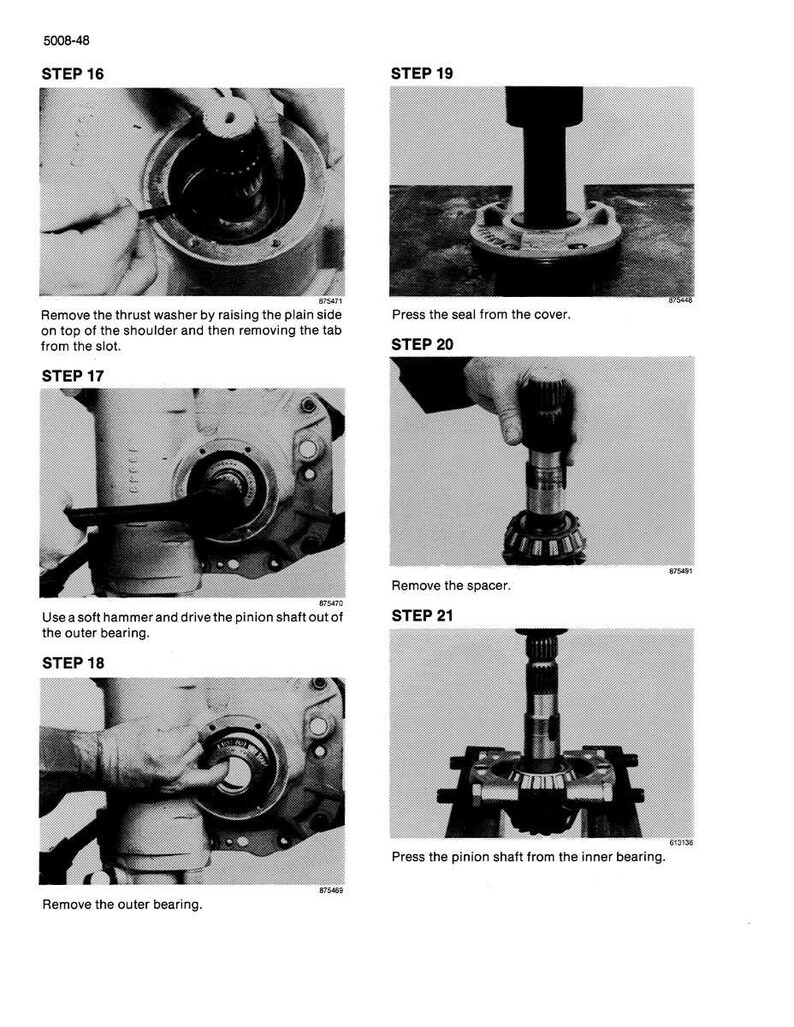 May include: A page from a manual with six images illustrating mechanical steps. The images show components like a thrust washer, seal, pinion shaft, and bearings. Text accompanies each image, detailing the process.