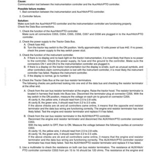 May include: A printed document with troubleshooting steps for a tractor's communication system. The text details fault codes, possible failures, and solutions, including checking connections and voltage levels. The document is a technical guide.