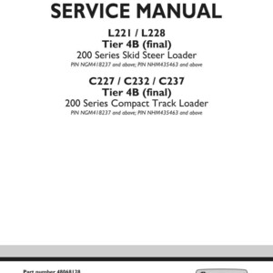 May include: A white service manual cover with black text. The title "SERVICE MANUAL" is at the top. Below are model numbers and descriptions for skid steer and compact track loaders. The New Holland Construction logo is at the bottom.