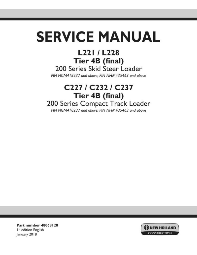 May include: A white service manual cover with black text. The title "SERVICE MANUAL" is at the top. Below are model numbers and descriptions for skid steer and compact track loaders. The New Holland Construction logo is at the bottom.