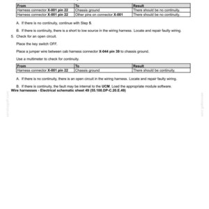 May include: A white document with the title "Electrical systems - FAULT CODES" and instructions for checking wiring harnesses. Includes tables with "From", "To", and "Result" columns. The document also contains the text "Wire harnesses - Electrical schematic sheet 49".