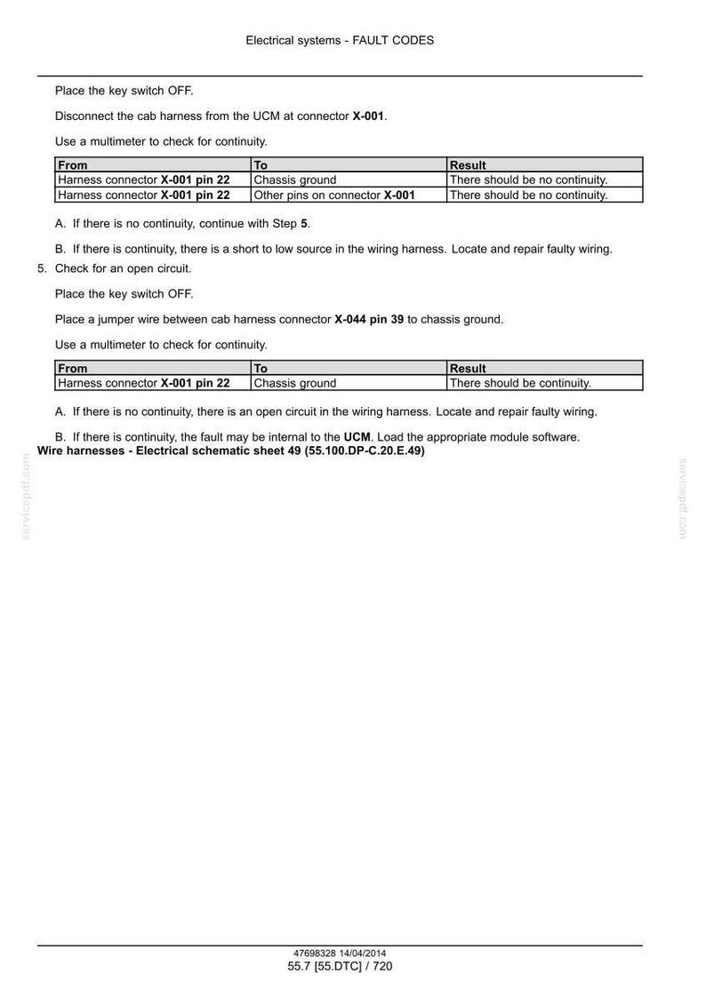 May include: A white document with the title "Electrical systems - FAULT CODES" and instructions for checking wiring harnesses. Includes tables with "From", "To", and "Result" columns. The document also contains the text "Wire harnesses - Electrical schematic sheet 49".