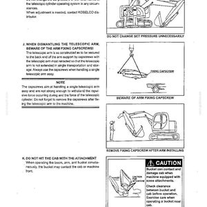 May include: A technical manual page titled Section I - SAFETY PRECAUTIONS featuring black and white line drawings of an excavator. The diagrams illustrate procedures for handling the telescopic cylinder, arm fixing capscrews, and bucket clearance.