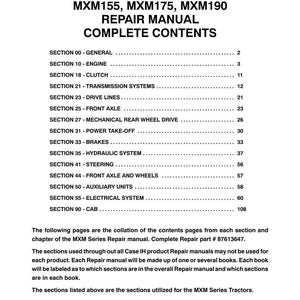 May include: A white printed page with the title "MXM120, MXM130, MXM140, MXM155, MXM175, MXM190 REPAIR MANUAL COMPLETE CONTENTS". The page lists sections such as Engine, Clutch, and Brakes. The repair manual is for MXM Series Tractors.