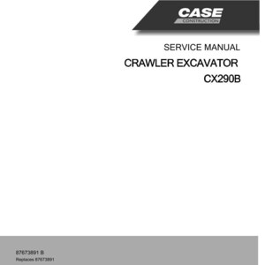 K&ouml;nnte beinhalten: Ein Servicehandbuch f&uuml;r einen Kettenbagger, Modell CX290B, mit dem Case Construction Logo. Der Titel ist in fetter schwarzer Schrift auf wei&szlig;em Hintergrund. Der untere Teil des Bildes hat einen grauen Abschnitt mit Text.