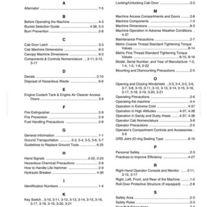 Może przedstawiać: Czarno-biała wydrukowana strona zatytułowana Chapter 9 Index, zawierająca listę temat&oacute;w technicznych w porządku alfabetycznym od Alternator do Safety Rules wraz z numerami stron dotyczącymi obsługi, konserwacji i bezpieczeństwa.